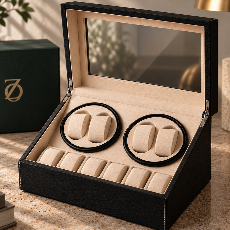 Kensington black watch winder open, shown prominently with its beige lining, four winding cushions and six storage slots.