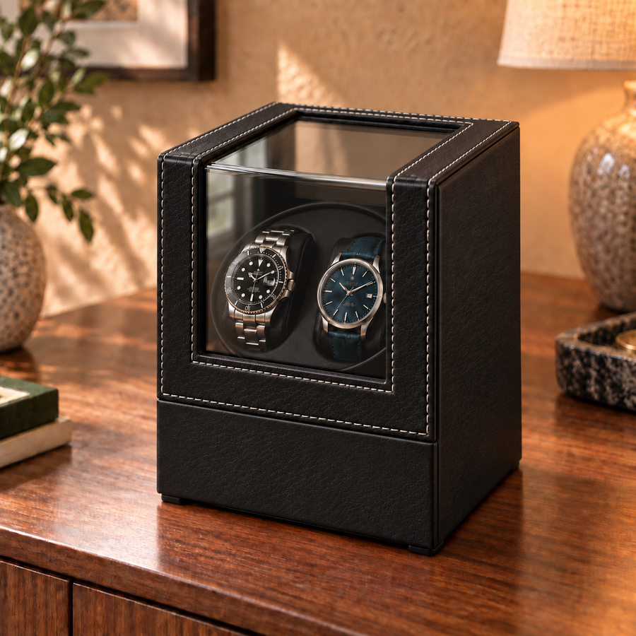 Closed Arcline Black dual watch winder with continuous glass, black leather and white stitching