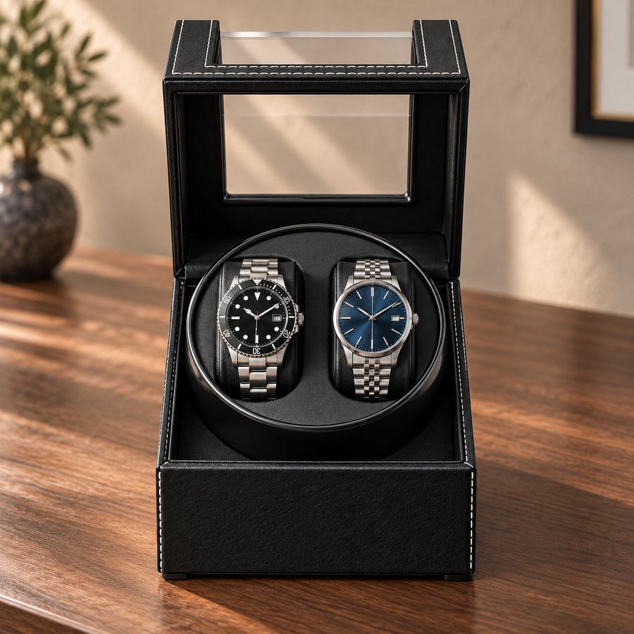 Open Arcline Black dual watch winder, front view showing two watch positions