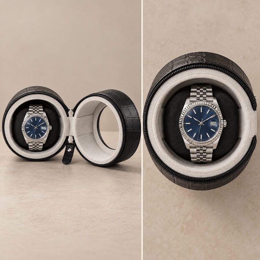 Voyager case open, showing its single watch position