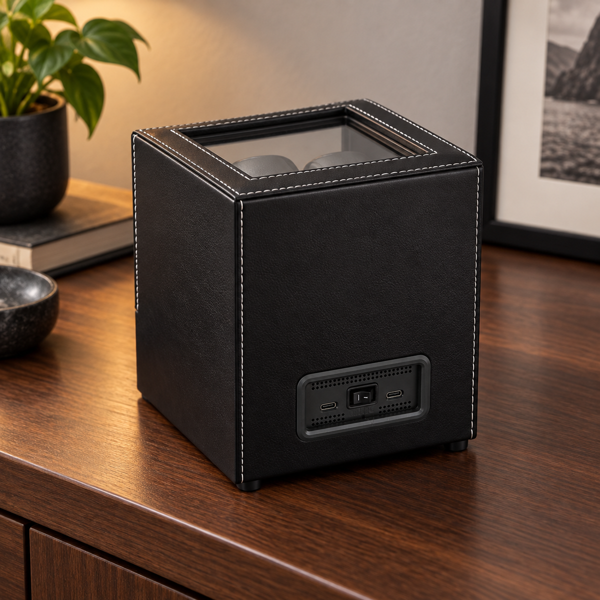 Rear three-quarter view of the Arcline Black dual watch winder