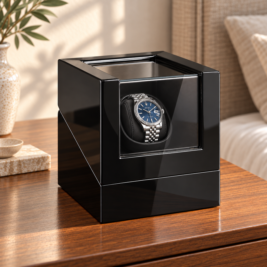 Ashford black-lacquer single watch winder — projection, lifestyle product view.