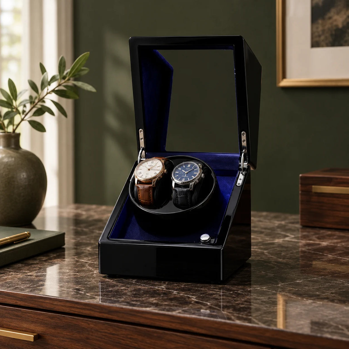 Eclipse black watch winder in a furnished interior, blue LED lighting on