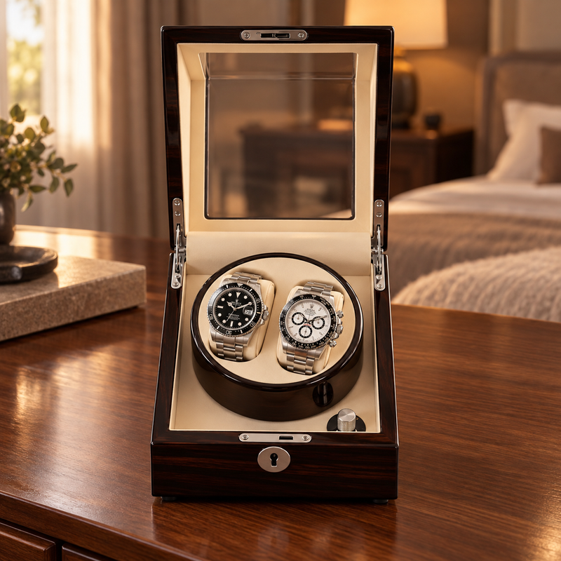 Camden rosewood — front view with two watches