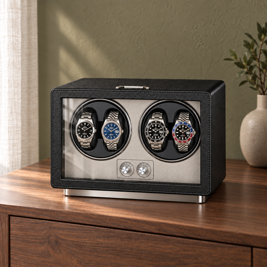 Richmond Black automatic watch winder displayed on a walnut dresser