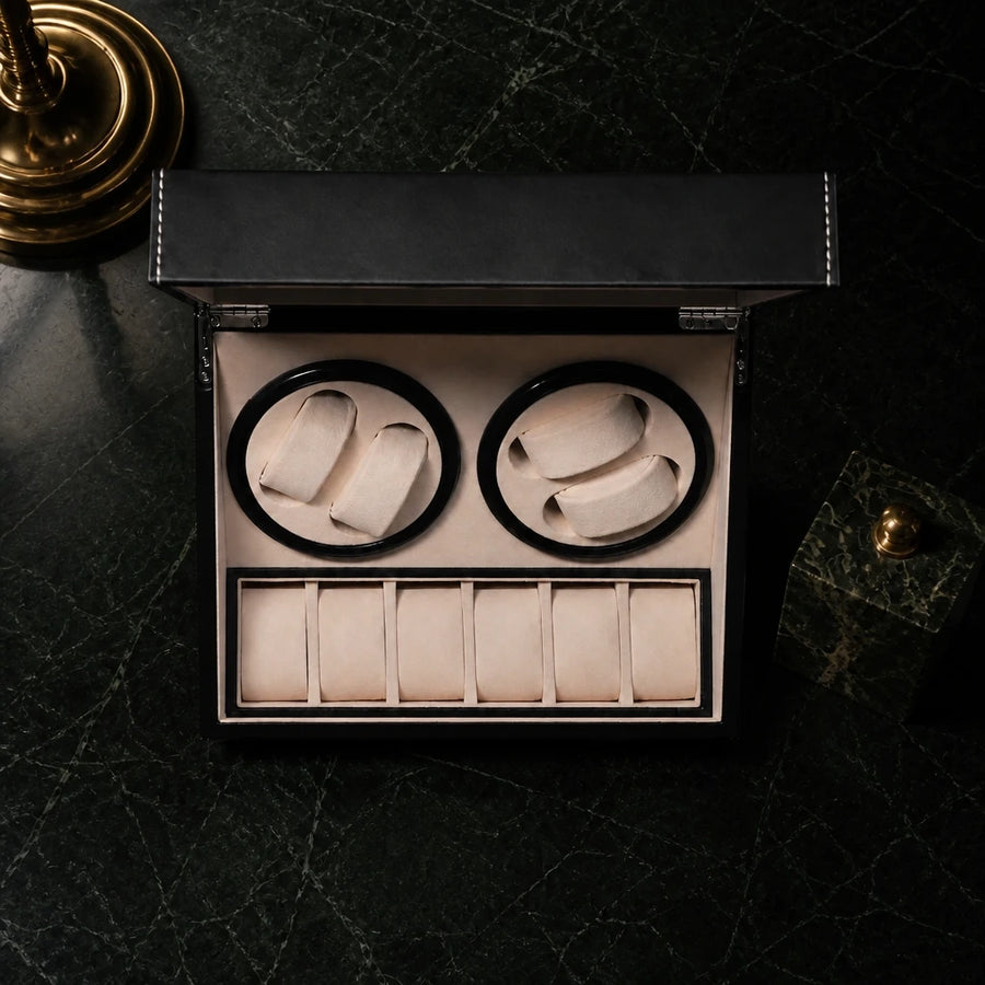 Kensington black leather watch winder box seen from the front, four winder cups and six watch slots
