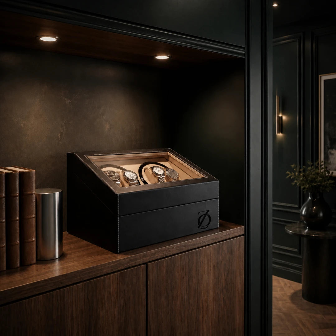 Kensington black watch winder box closed on a sideboard in a dark interior