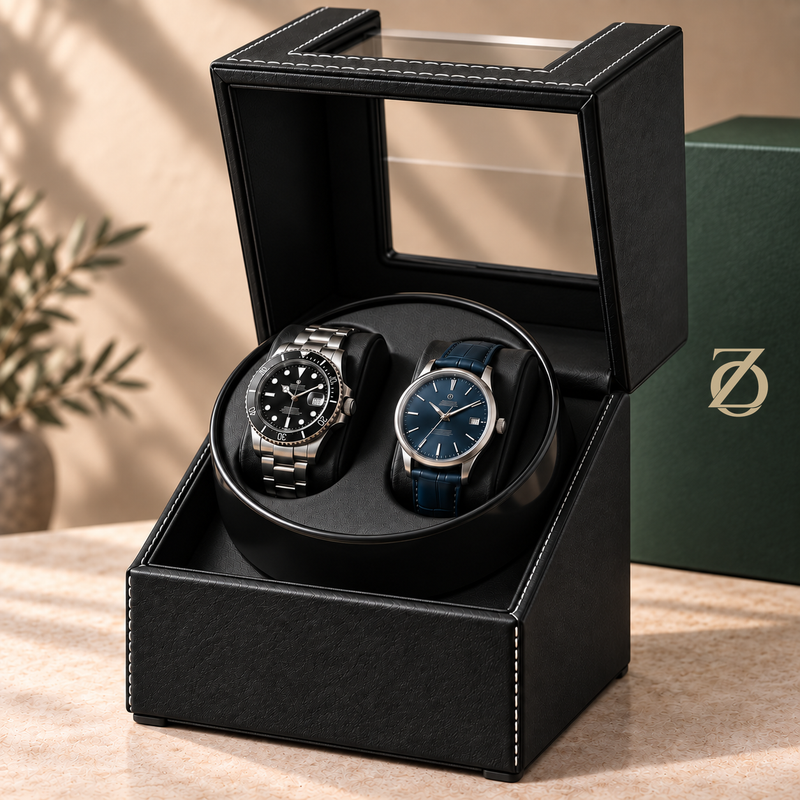 Arcline Black dual watch winder open, three-quarter front view, black leather and white stitching