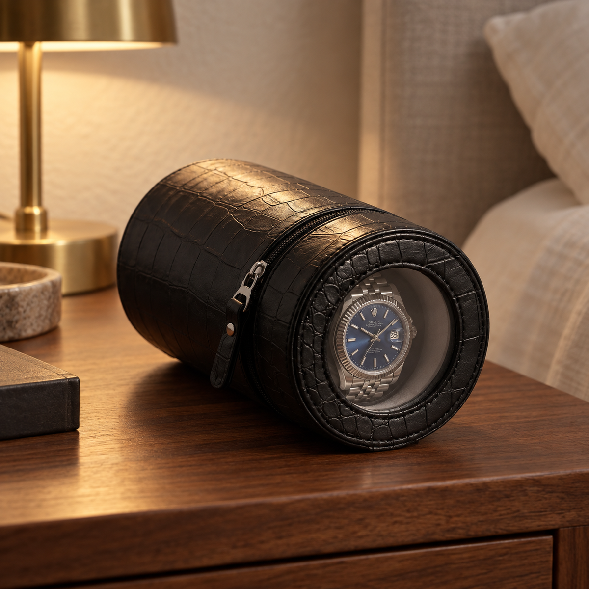 Voyager portable watch winder case on a hotel bedside table