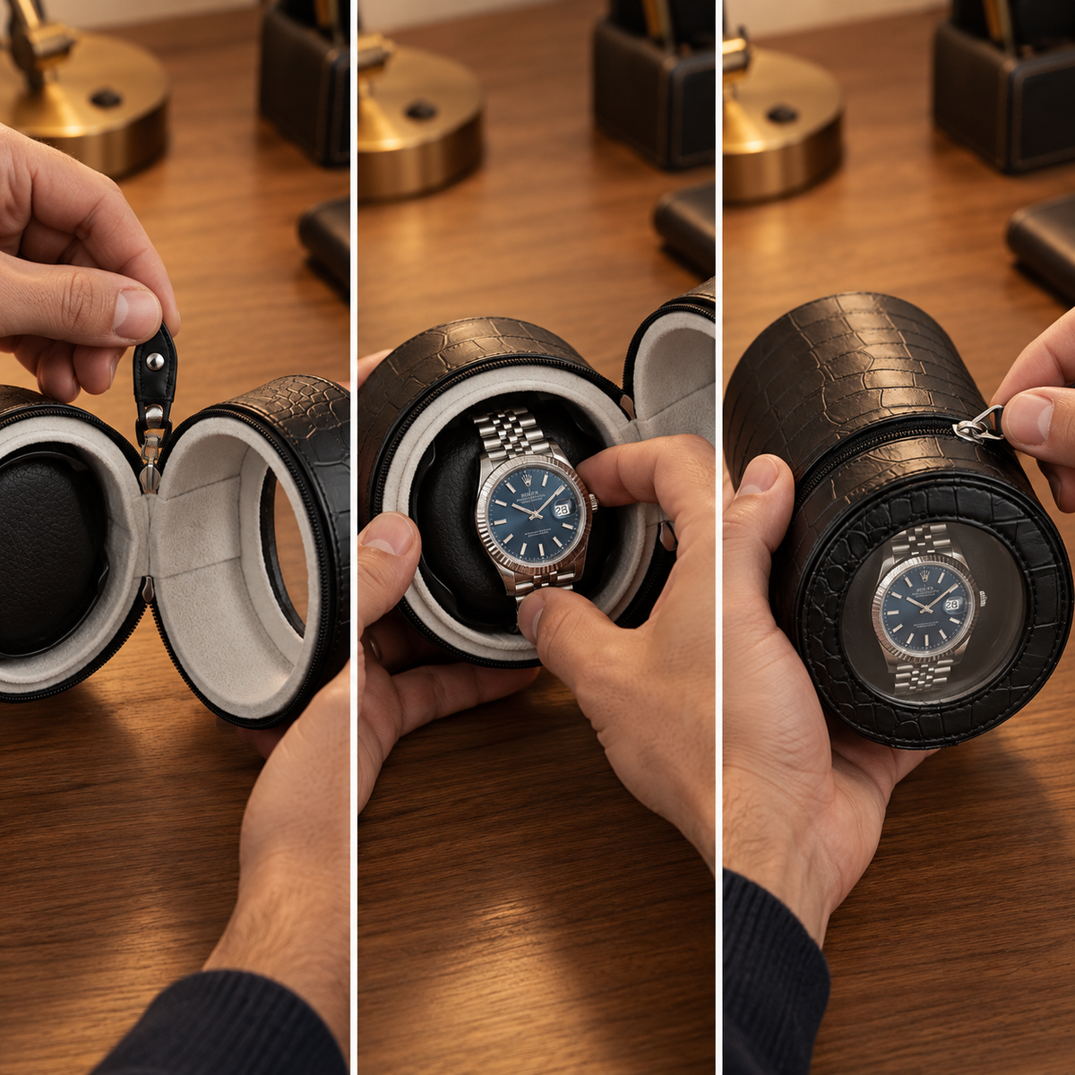 Voyager portable winder in use with one automatic watch during travel