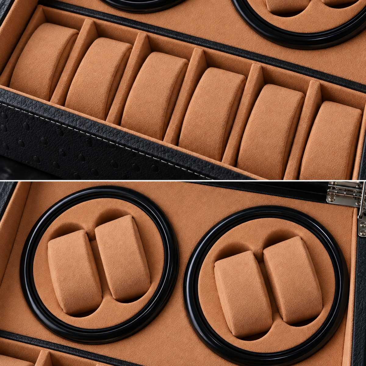Boîte remontoir Trocadéro noire et cognac, détail des compartiments de rangement et de remontage.