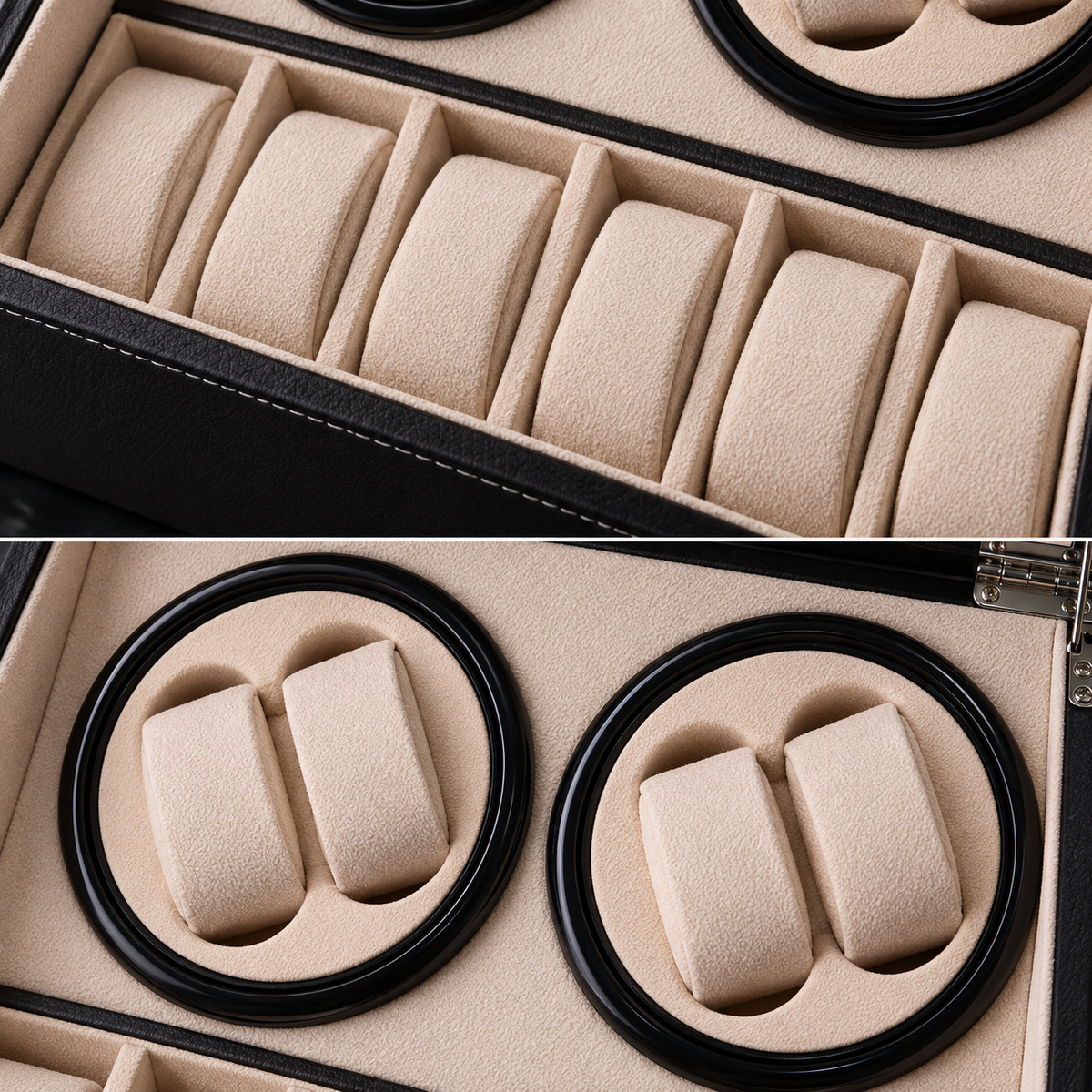 Kensington black watch winder storage compartment above and winding compartment below.
