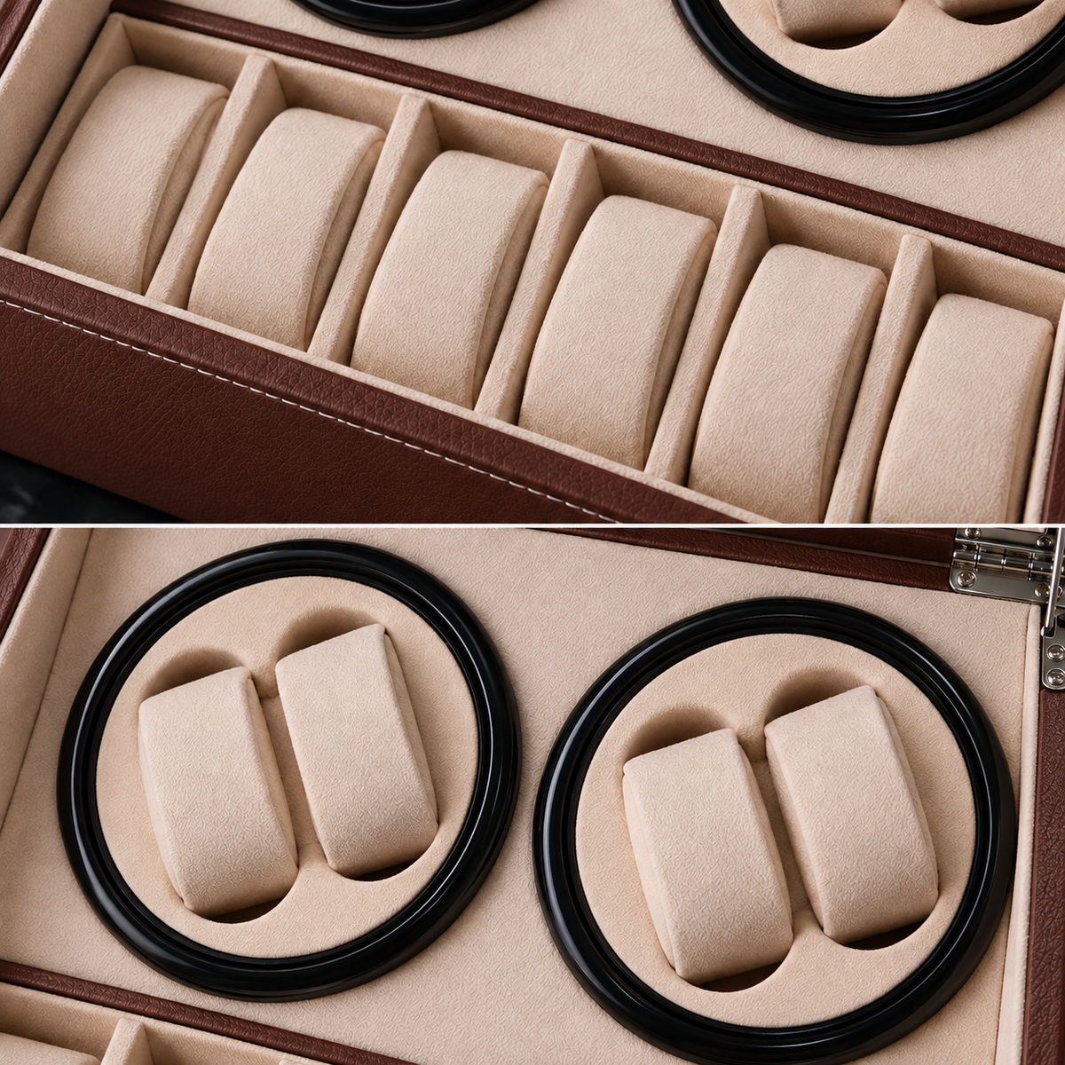 Boîte remontoir Trocadéro marron : compartiment de rangement en haut, compartiment de remontage en bas.