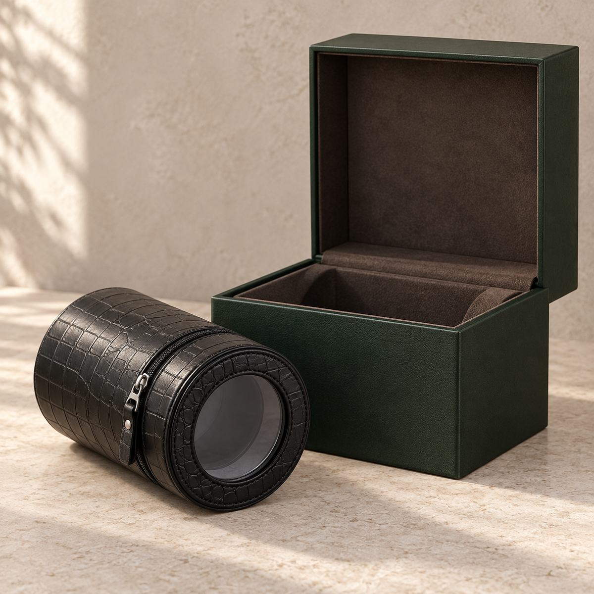 Voyager portable watch winder case beside its Zaviloo presentation box