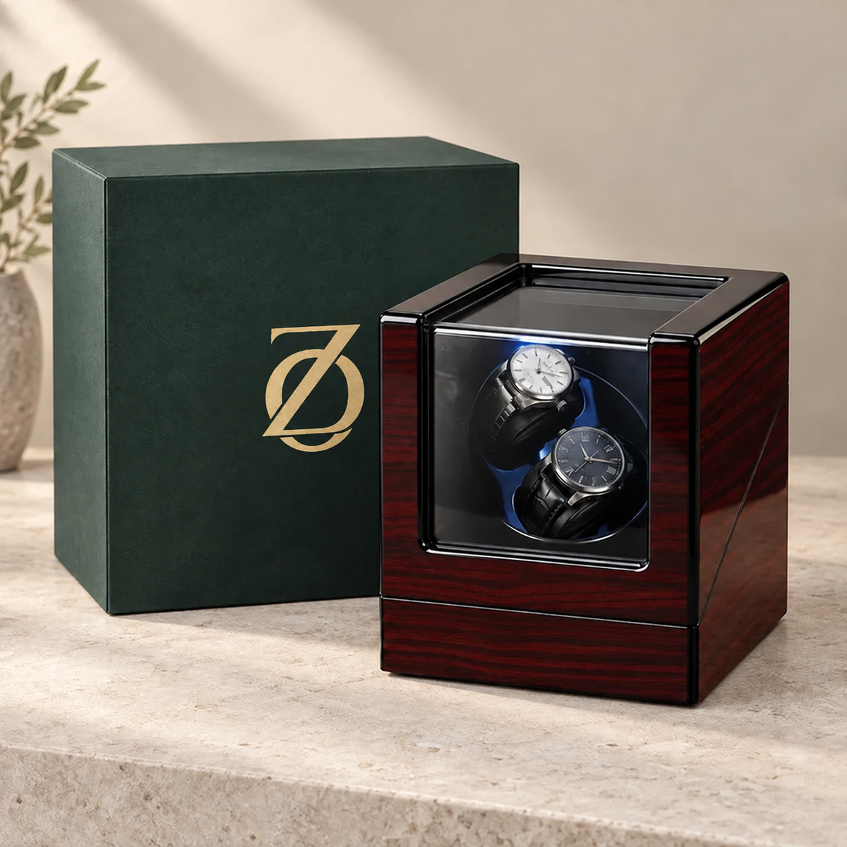 Remontoir double Éclipse — 2 montres automatiques, bois ébène laqué, LED