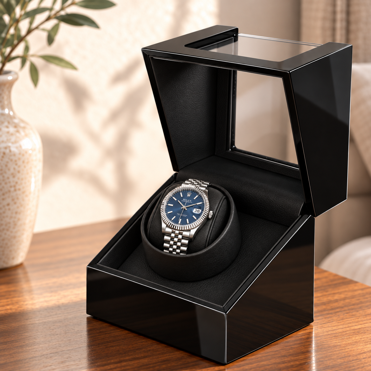 Ashford black-lacquer single watch winder — ouverture, lifestyle product view.