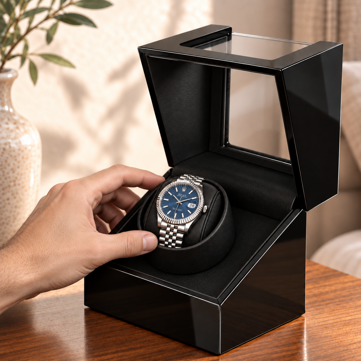 Ashford black-lacquer single watch winder — utilisation, lifestyle product view.