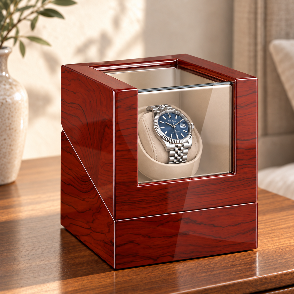 Ashford cherry single watch winder — principale, lifestyle product view.