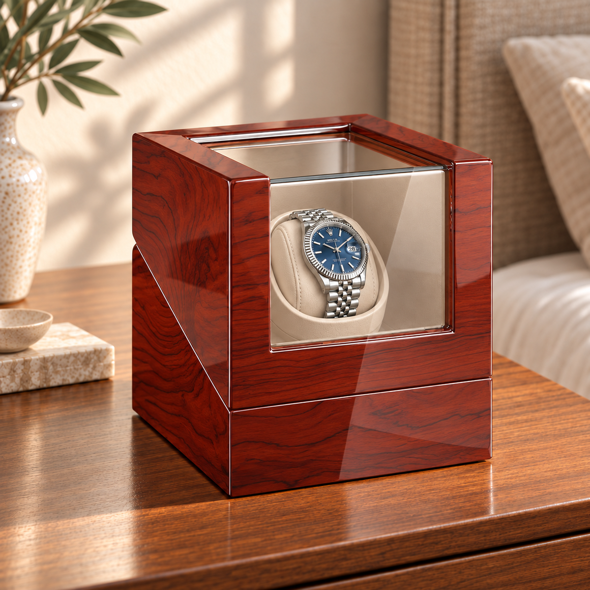 Ashford cherry single watch winder — projection, lifestyle product view.