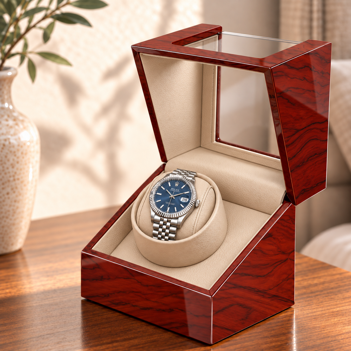 Ashford cherry single watch winder — ouverture, lifestyle product view.
