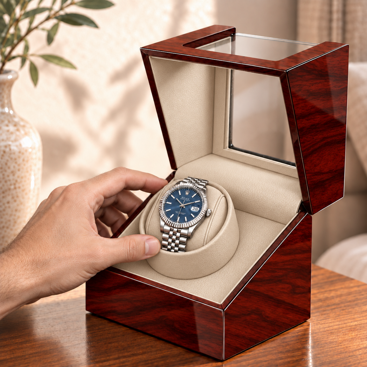 Ashford cherry single watch winder — utilisation, lifestyle product view.