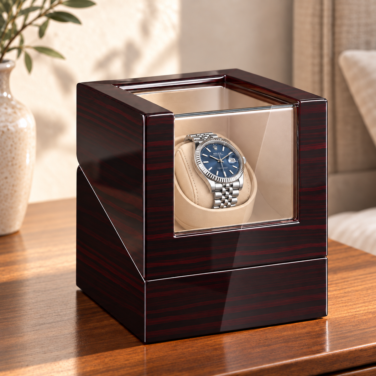 Ashford mahogany single watch winder — principale, lifestyle product view.