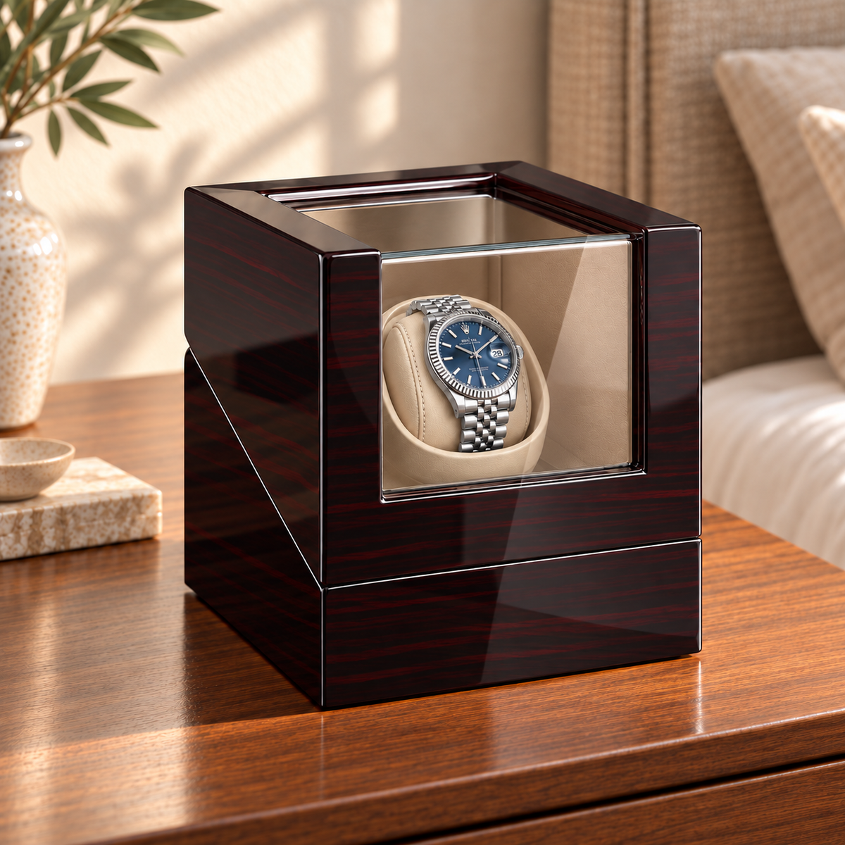 Ashford mahogany single watch winder — projection, lifestyle product view.