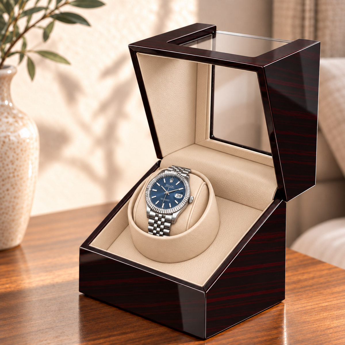 Ashford mahogany single watch winder — ouverture, lifestyle product view.