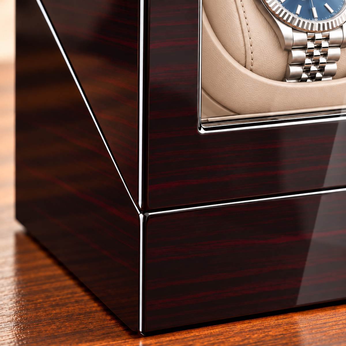 Ashford mahogany single watch winder — finition, lifestyle product view.