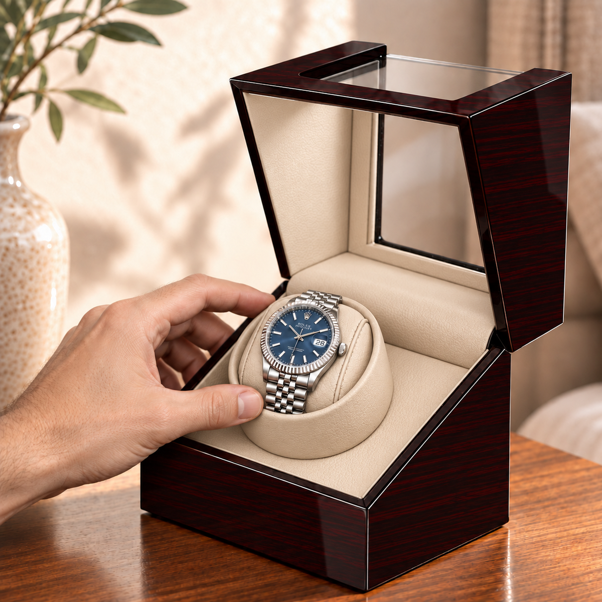 Ashford mahogany single watch winder — utilisation, lifestyle product view.