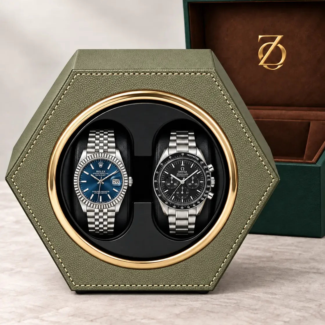 Belgrave automatic watch winder, Avocado Green finish, hero. Watches shown for illustration and not included.