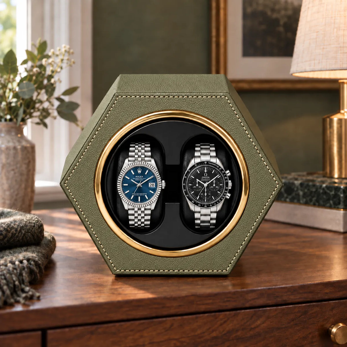 Belgrave automatic watch winder, Avocado Green finish, lifestyle. Watches shown for illustration and not included.