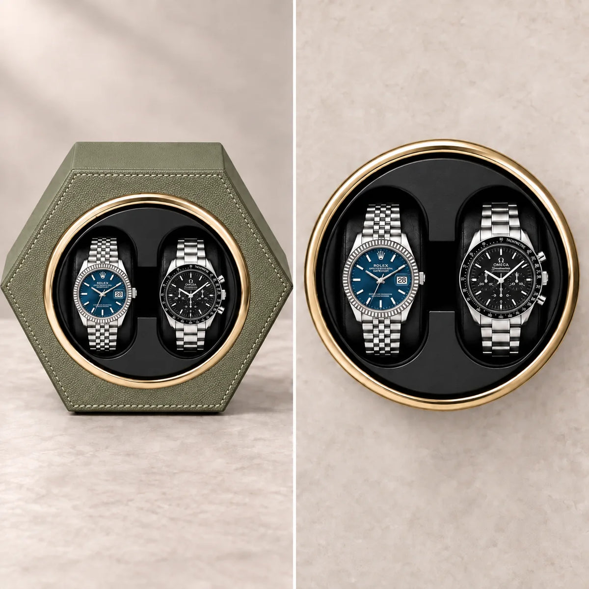 Belgrave automatic watch winder, Avocado Green finish, capacity. Watches shown for illustration and not included.