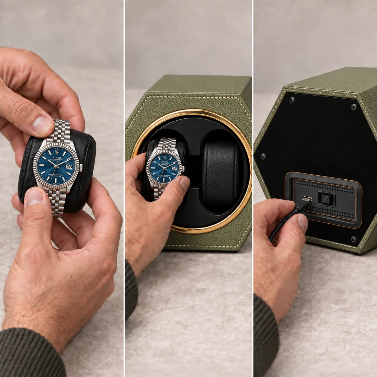 Belgrave automatic watch winder, Avocado Green finish, use. Watches shown for illustration and not included.