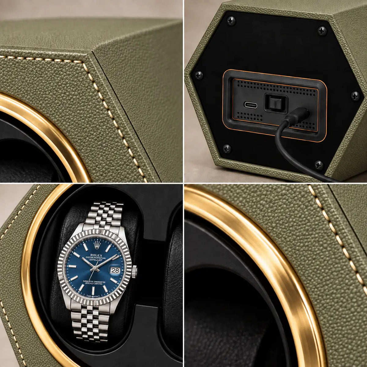Belgrave automatic watch winder, Avocado Green finish, details. Watches shown for illustration and not included.