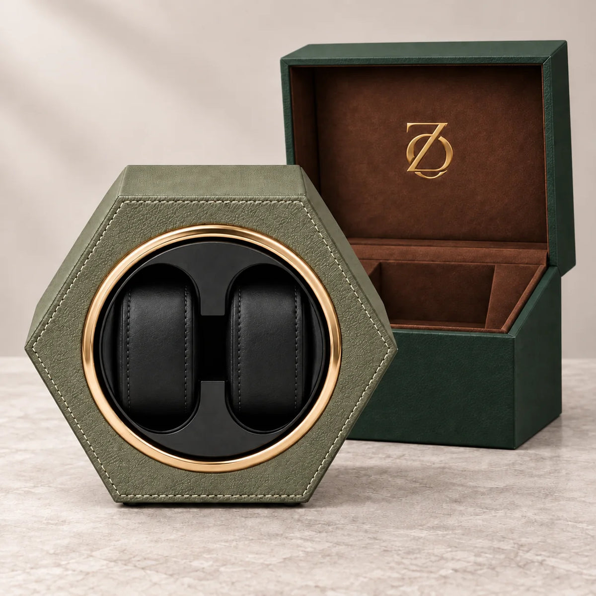 Belgrave automatic watch winder, Avocado Green finish, presentation. Watches shown for illustration and not included.