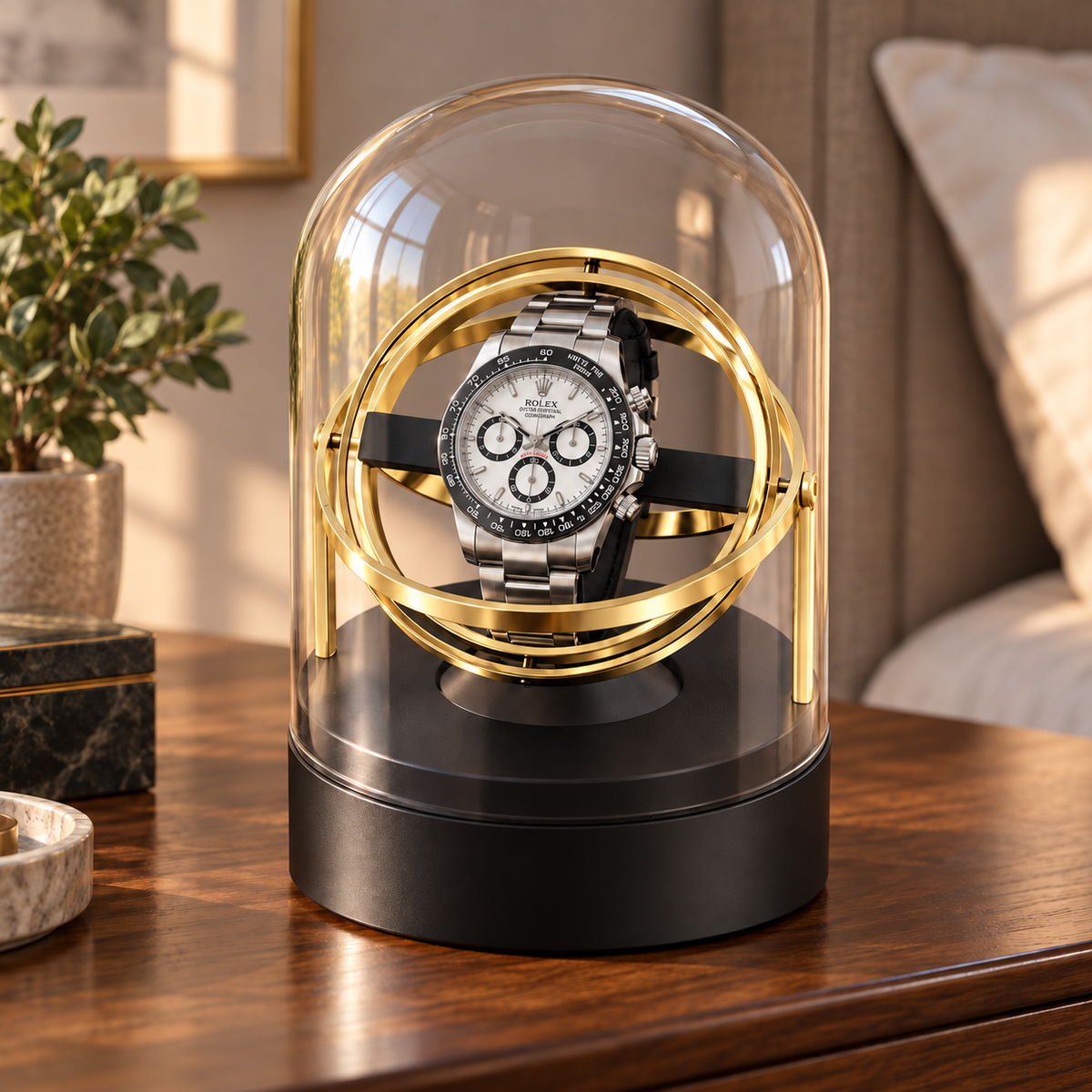 Axis gold-tone gyroscopic single watch winder — principale, lifestyle product view.