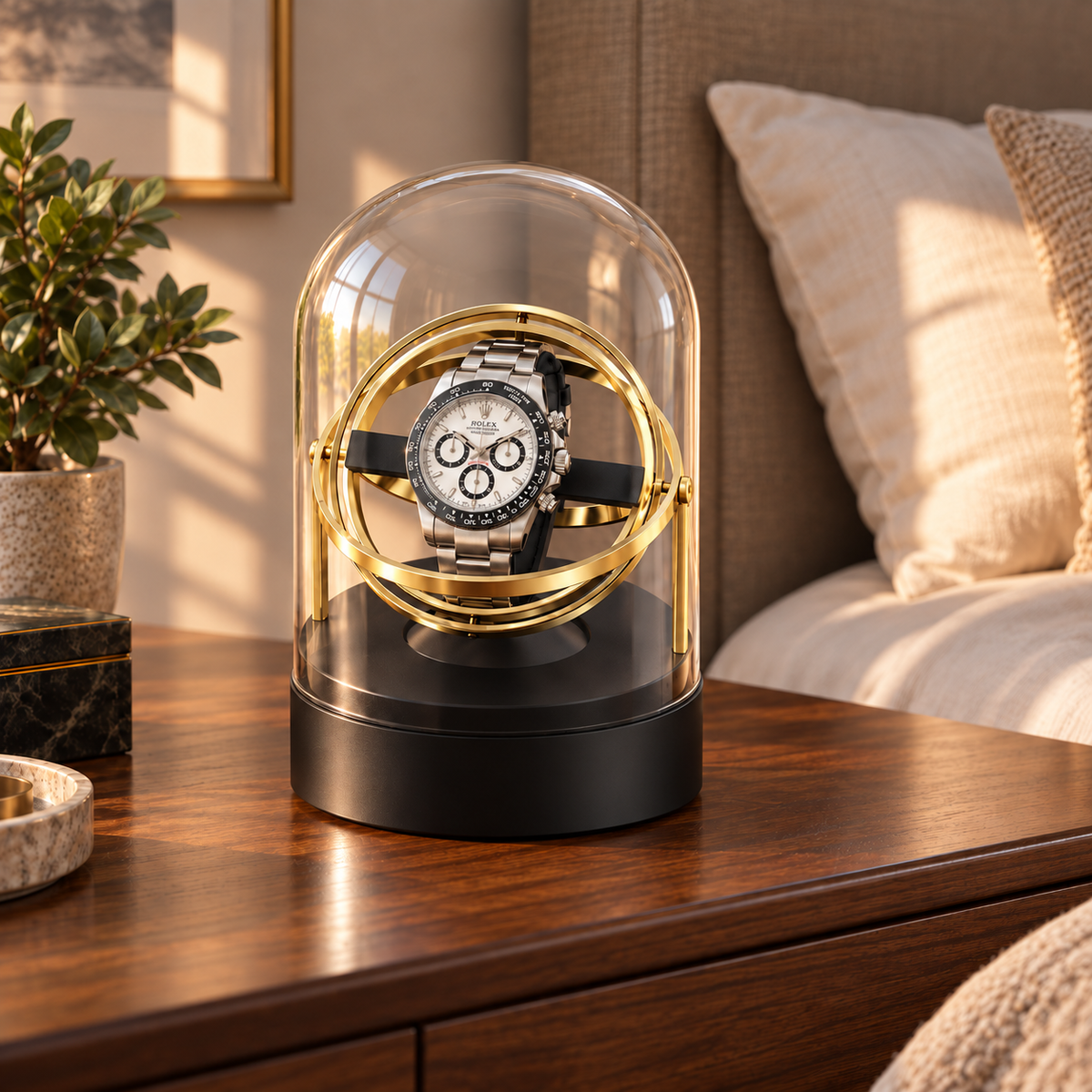 Axis gold-tone gyroscopic single watch winder — projection, lifestyle product view.