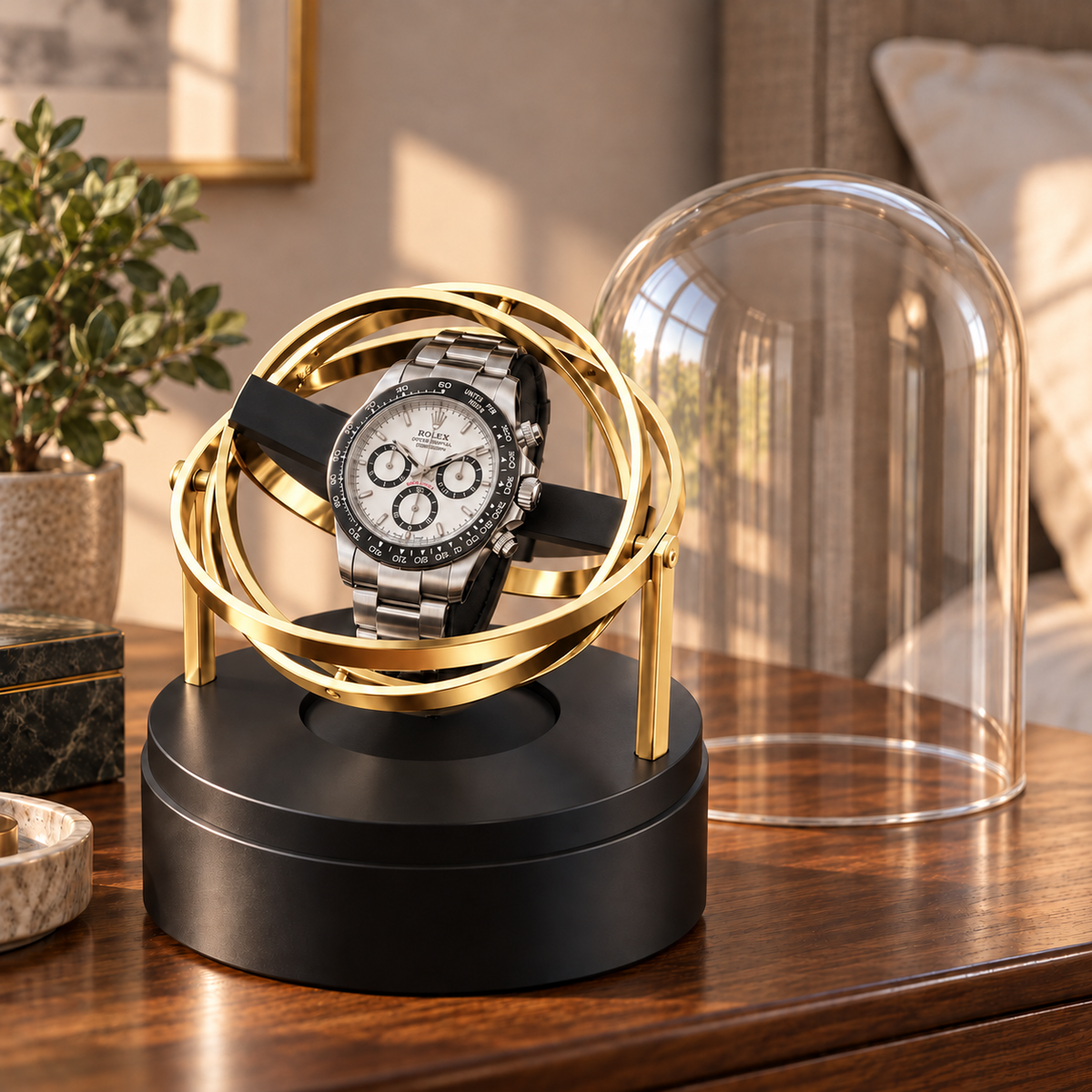 Axis gold-tone gyroscopic single watch winder — mecanisme, lifestyle product view.