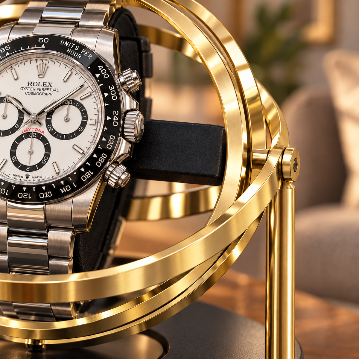 Axis gold-tone gyroscopic single watch winder — anneaux, lifestyle product view.