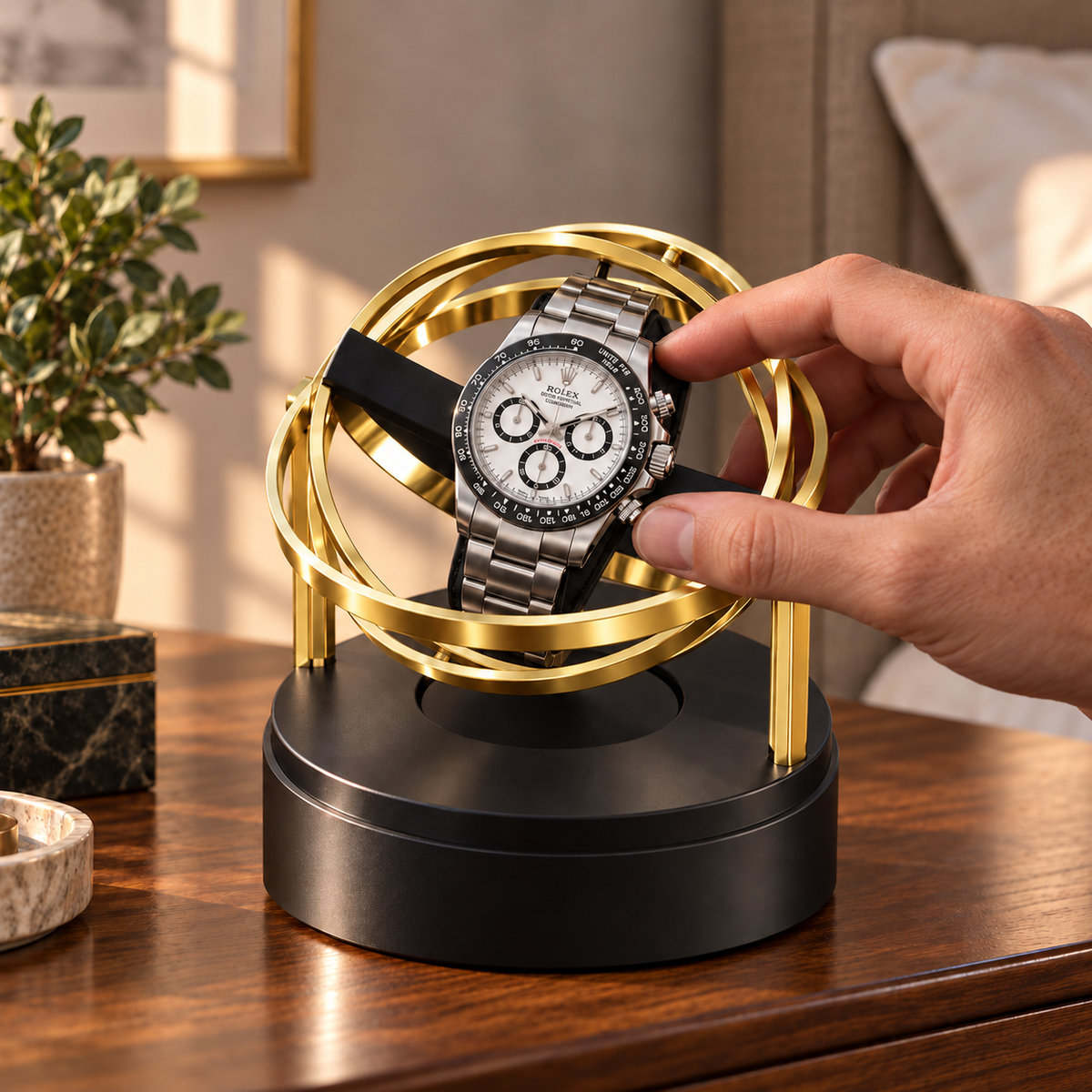 Axis gold-tone gyroscopic single watch winder — utilisation, lifestyle product view.