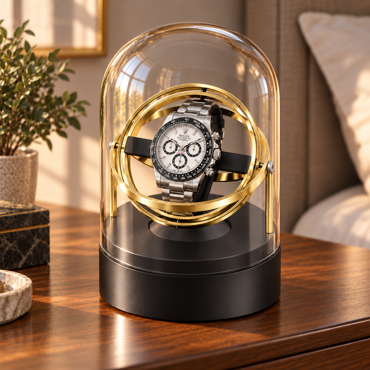 Axis gold-tone gyroscopic single watch winder — autre angle, lifestyle product view.