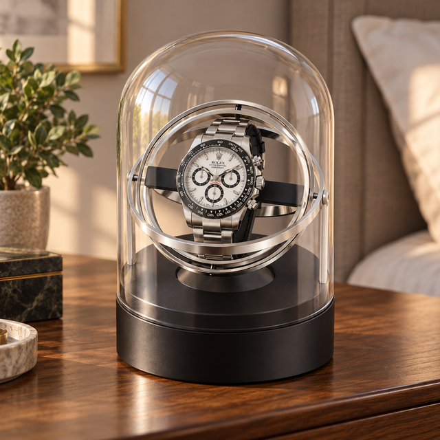 Axis silver gyroscopic single watch winder — principale, lifestyle product view.