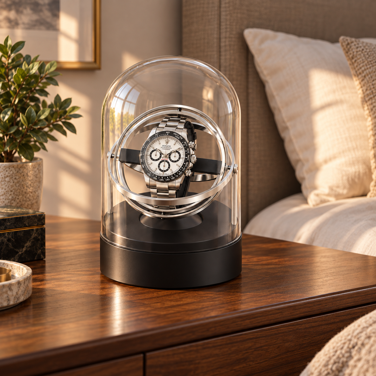 Axis silver gyroscopic single watch winder — projection, lifestyle product view.