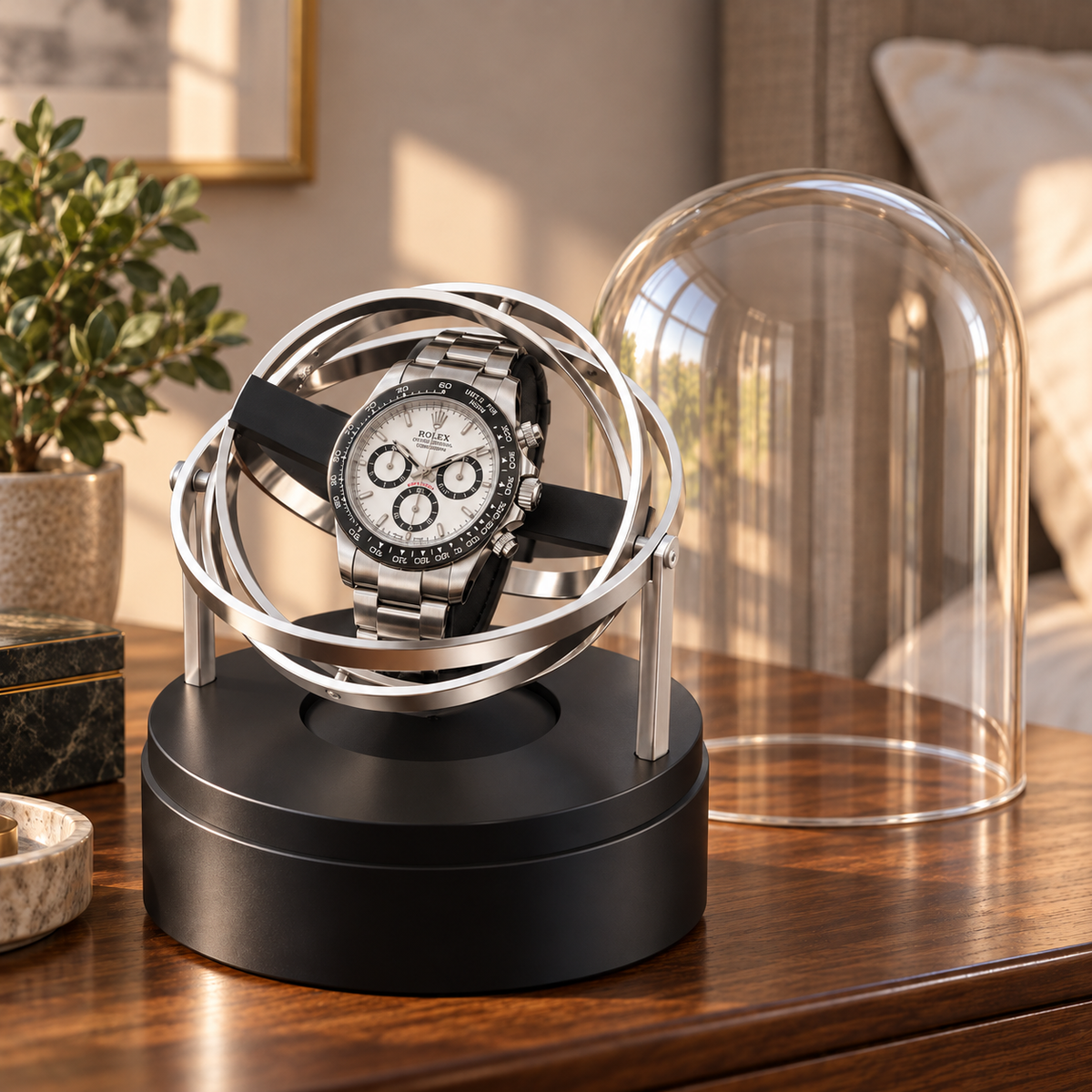 Axis silver gyroscopic single watch winder — mecanisme, lifestyle product view.