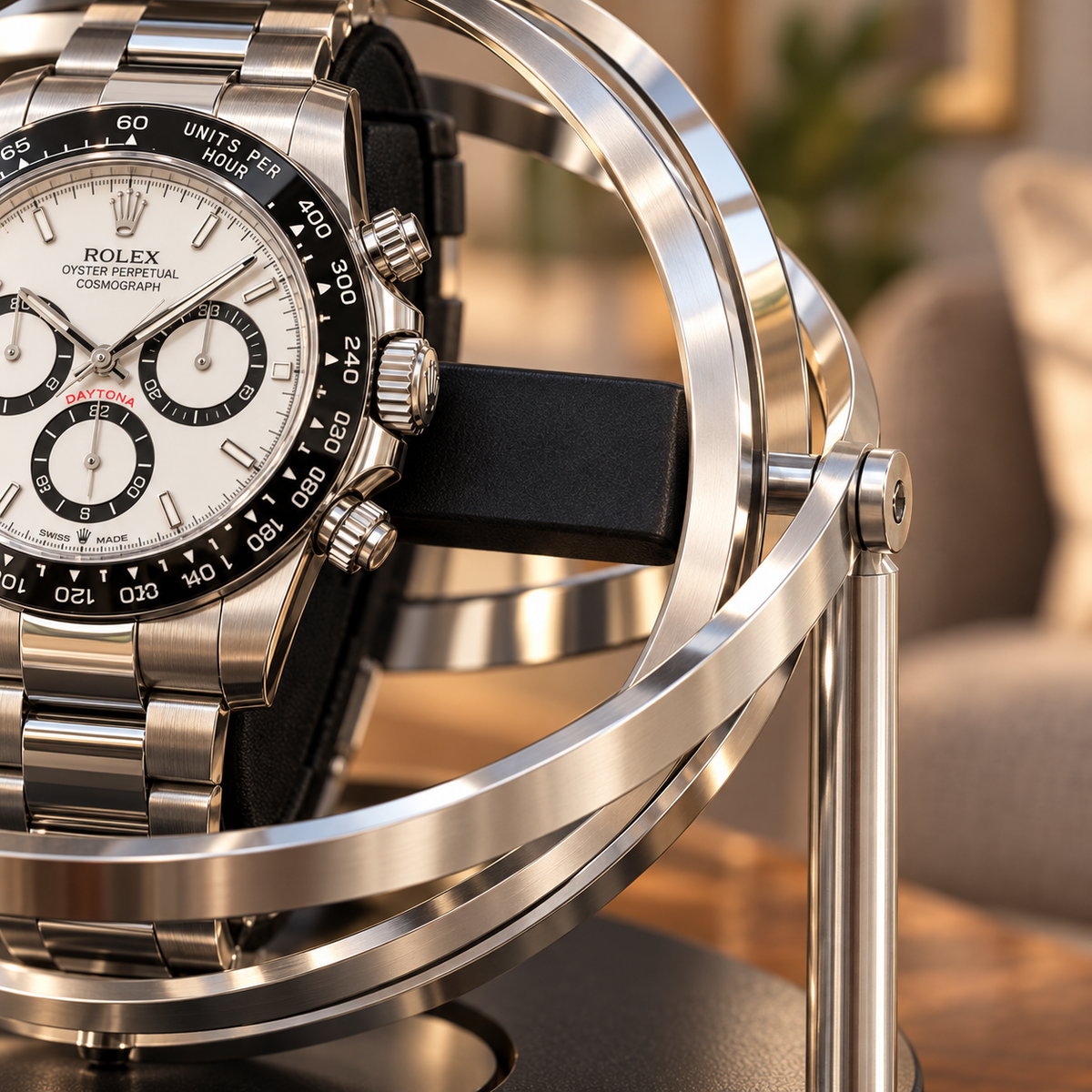 Axis silver gyroscopic single watch winder — anneaux, lifestyle product view.