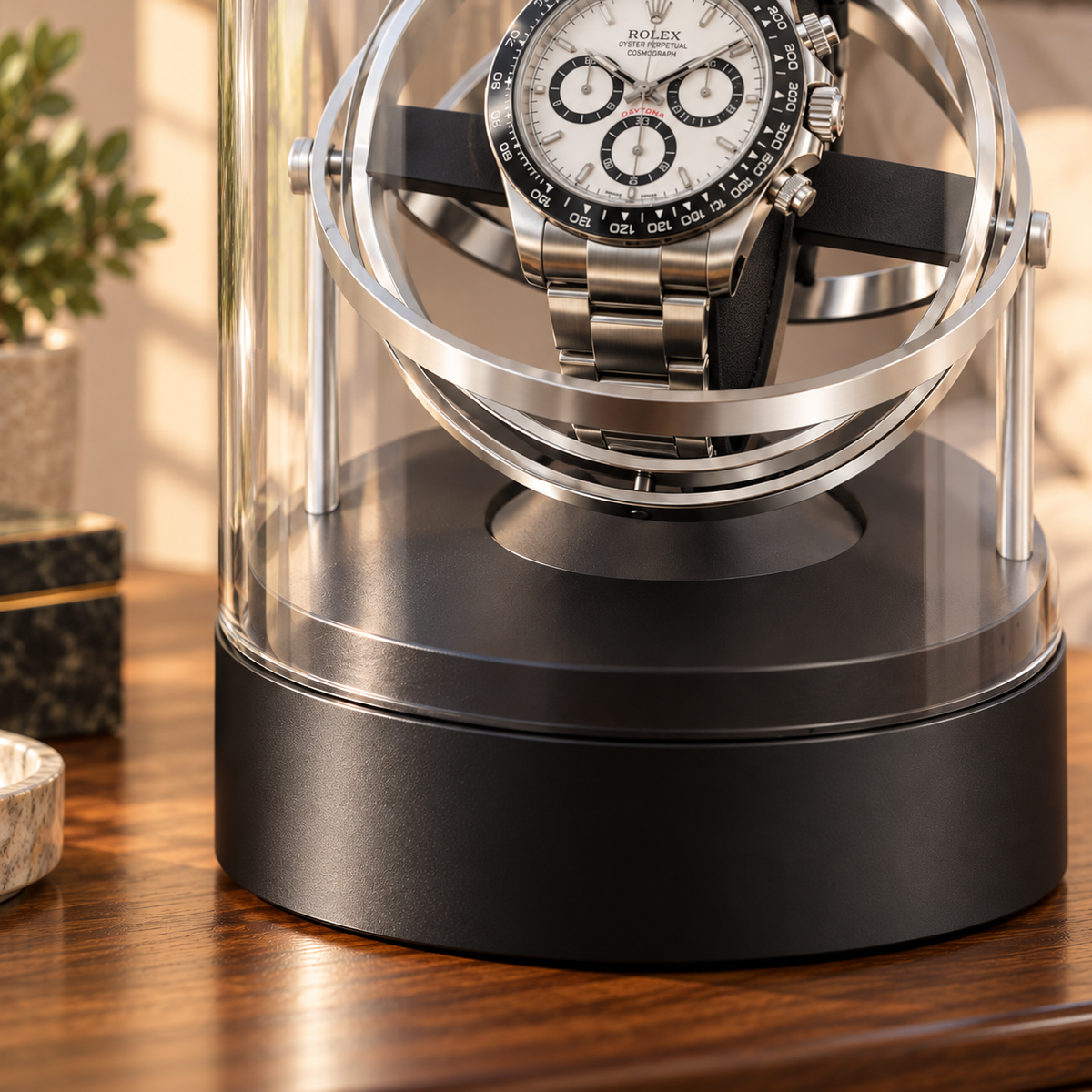 Axis silver gyroscopic single watch winder — cloche, lifestyle product view.
