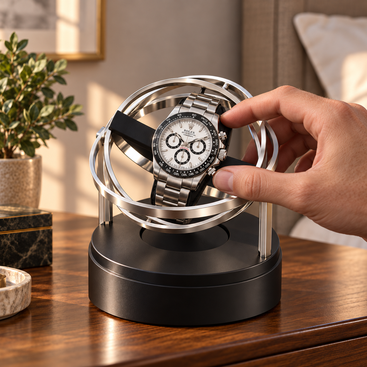 Axis silver gyroscopic single watch winder — utilisation, lifestyle product view.
