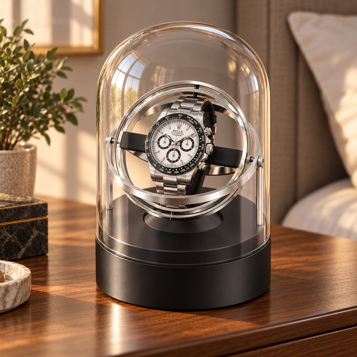 Axis silver gyroscopic single watch winder — autre angle, lifestyle product view.