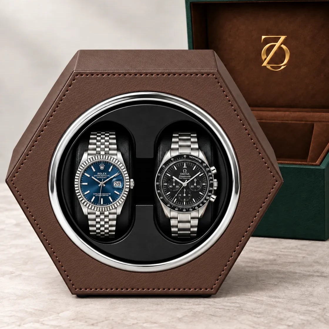 Belgrave automatic watch winder, Brown finish, hero. Watches shown for illustration and not included.